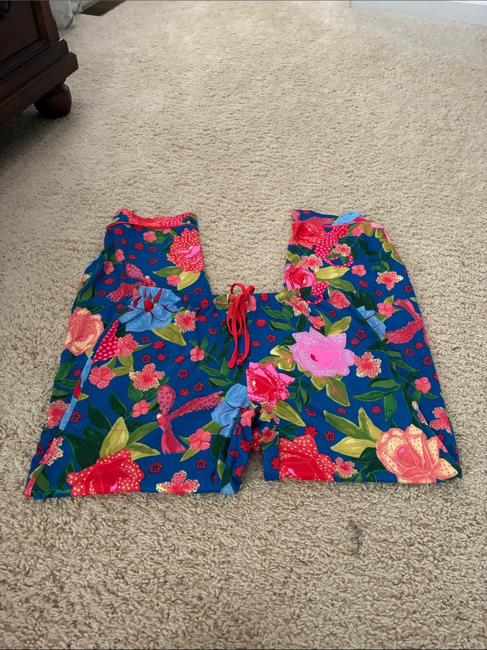 Room Service Vibrant Floral Blue Button-Up Pajama Top and Pants (size small) - Picture 5 of 7